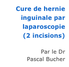 Cure de hernie inguinale par laparoscopie
(2 incisions)

Par le Dr
Pascal Bucher